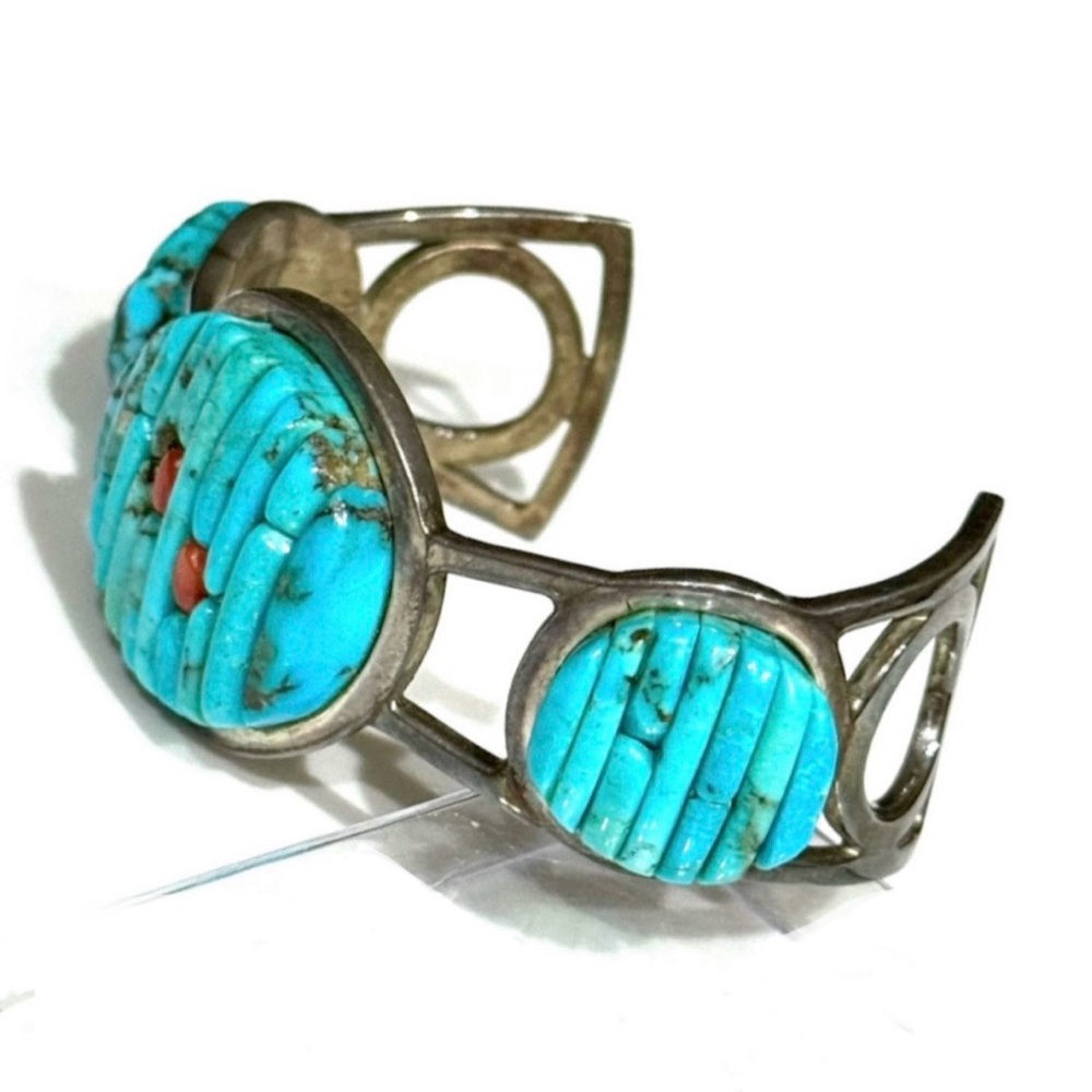 Signed - Pete Sierra, Navajo. Vintage Turquoise Coral Sterling Cornrow Cuff
